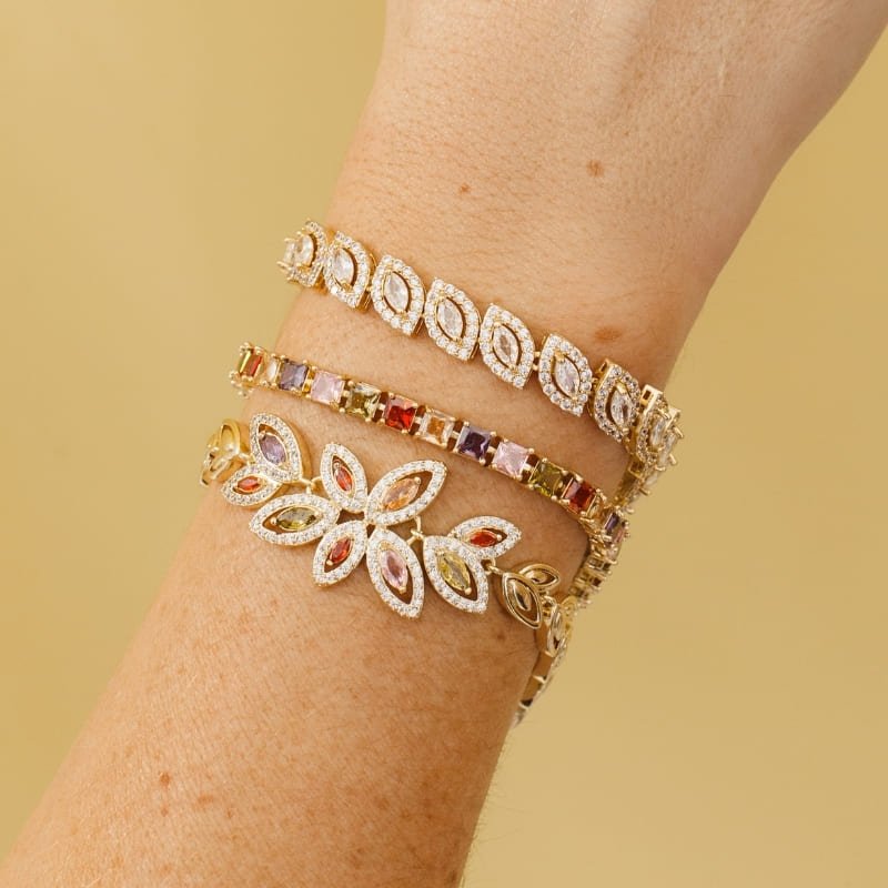 Pulseira Folhas Cravejadas Coloridas