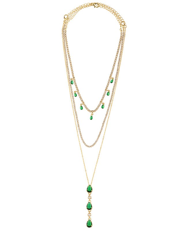 Trio de Colares Dourado com Gotas Verdes